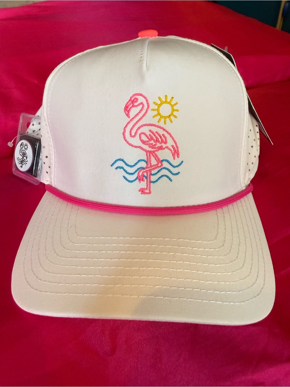 White Flamingo Embroidered Trucker Hat with Pink Trim